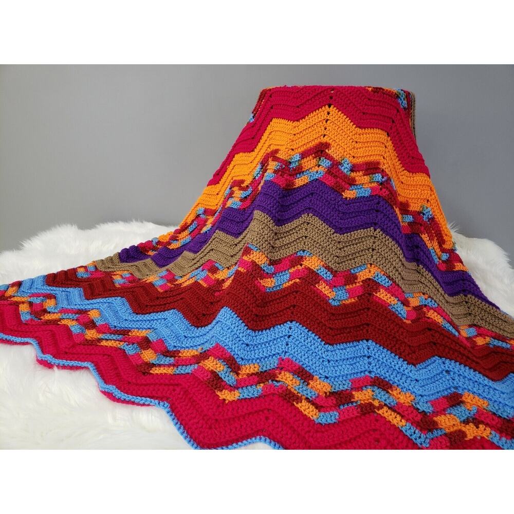 Vintage Afghan Throw blanket retro decor grandma cottage rainbow LGBT colorful